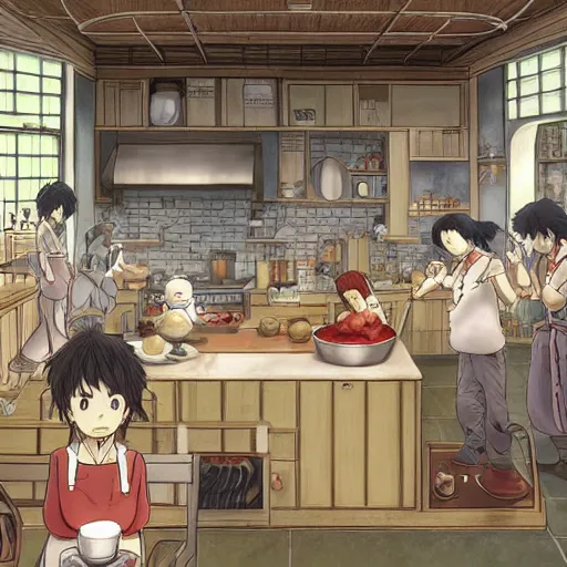 Prompt: a busy kitchen with hamster chefs by Studio ghibli, Kentaro Miura, Hiromu Arakawa, Koyoharu Gotouge, Takeshi obata, concept art, golden ratio