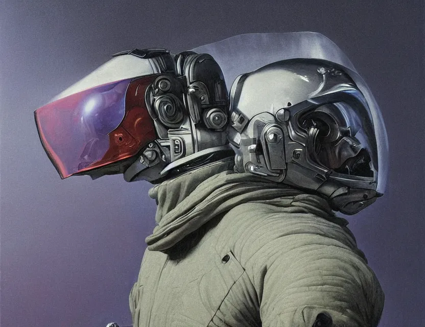 Image similar to a detailed portrait painting of a lone bounty hunter a flight suit and a reflective visor. Lasers coming from the eyes. Head and chest only. Movie scene, cinematic sci-fi scene. Flight suit. Futurism by beksinski carl spitzweg moebius and tuomas korpi. baroque elements. baroque element. intricate artwork by caravaggio. Oil painting. Trending on artstation. 8k