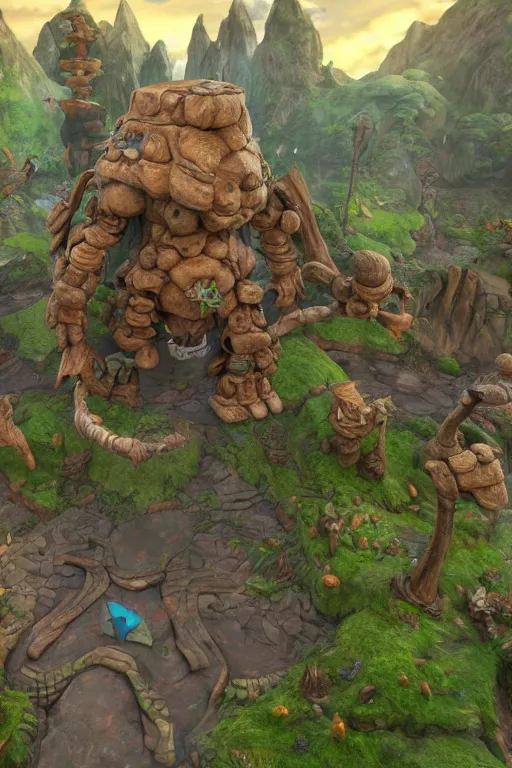 Image similar to zelda fantasy art giant golem troll wood rock greeble gemstone, global illumination ray tracing hdr fanart arstation by sung choi and eric pfeiffer and gabriel garza and casper konefal