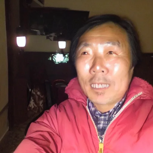 Prompt: my Japenese dad accidentally taking a selfie with the front camera, smiling, squinting his eyes because the camera flash is so bright in his face