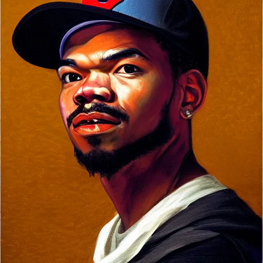 Prompt: a portrait painting of chance the rapper, in the style of rembrandt & caravaggio, chiaroscuro lighting