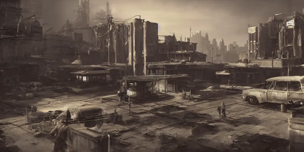 Image similar to fallout concept art neodeco render grim realistic lighting unreal engine 5