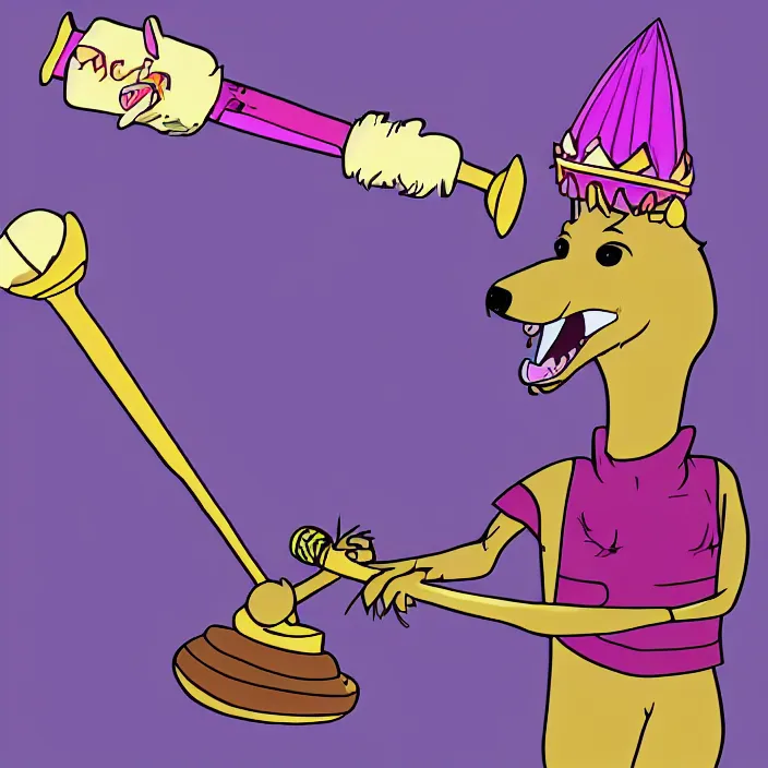 Image similar to a digital drawing of an anthropomorphic dog wearing a purple hoodie and a crown, smashing a golden trophy with a baseball bat. in the style of bojack horseman.