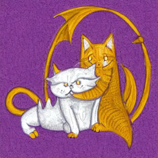 Prompt: small cute purple dragon, the dragon is hugging an orange tabby cat, soft, cozy