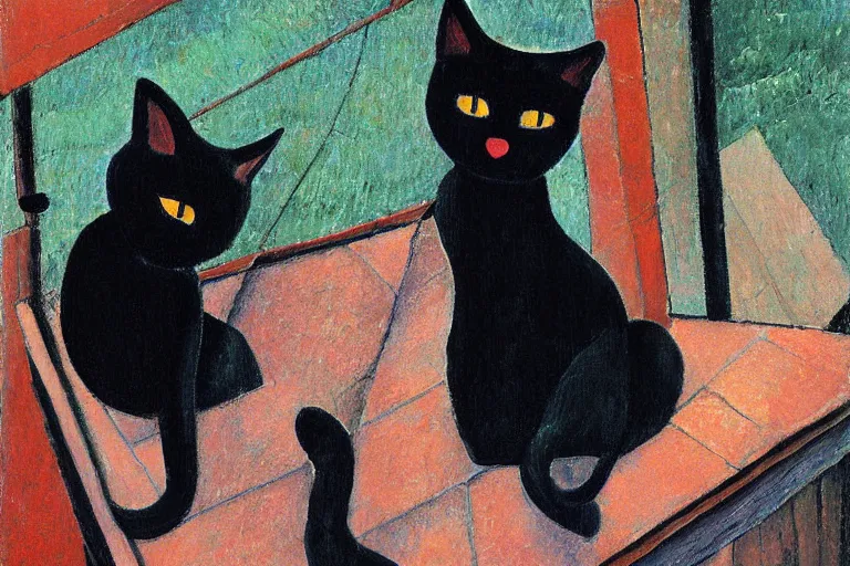 Prompt: black cat on the roof by modigliani by alex grey