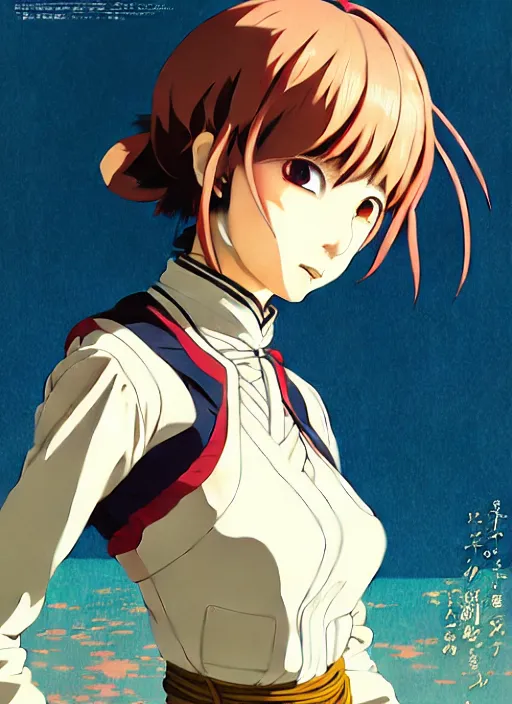 Image similar to yoh yoshinari, ilya kuvshinov colorful anime portrait of shiina ringo, last exile, murata range, fine detail,, dramatic lighting, dynamic composition, cel shading, vivid, rich texture, alphonse mucha, gustav klimt, cinematic, takashi murakami, stippled lighting