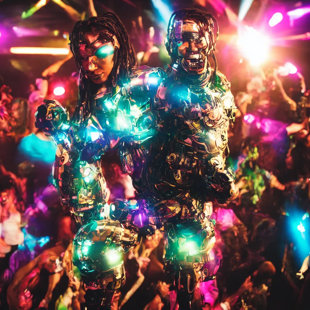 Prompt: a photo of cyborg dancing in a rave party