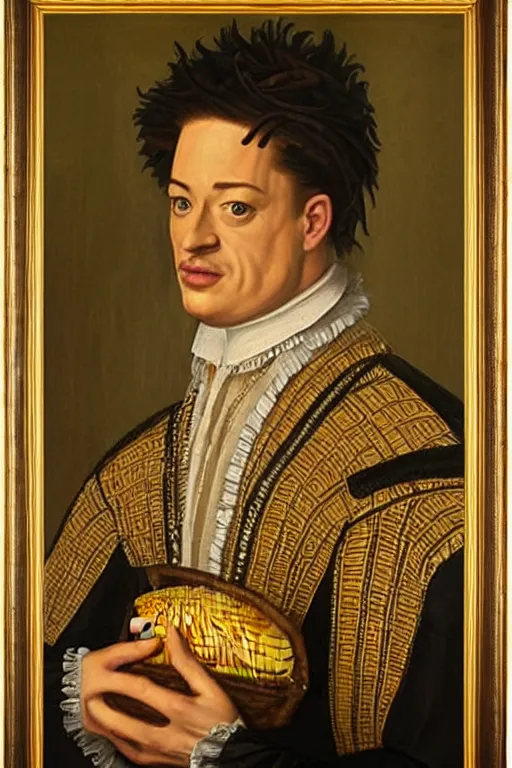 Image similar to a 1 6 0 0 s framed portrait painting of brendan fraser holding corn, intricate, elegant, highly detailed