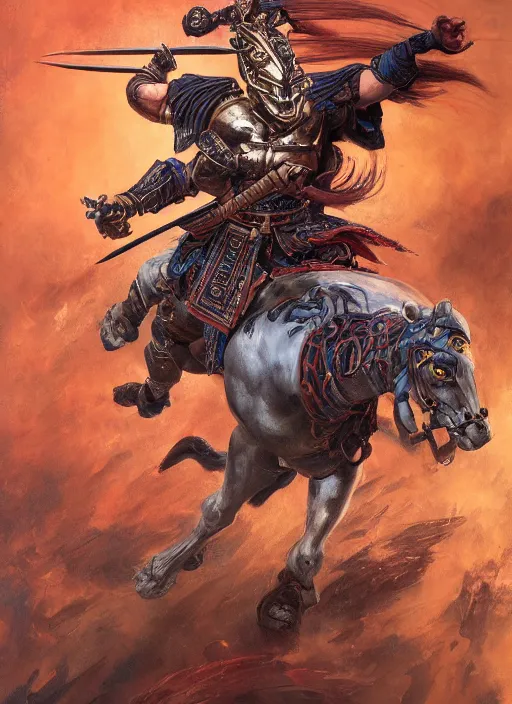 Image similar to A full portrait oil painting of a godlike and psychedelic helmeted and masked Samurai holding a katana above his head an running into battle, japanese god of war armor, by Frank Frazetta, Greg Rutkowski, Boris Vallejo, epic fantasy character art, Exquisite detail, post-processing, low angle, masterpiece, cinematic, lightning