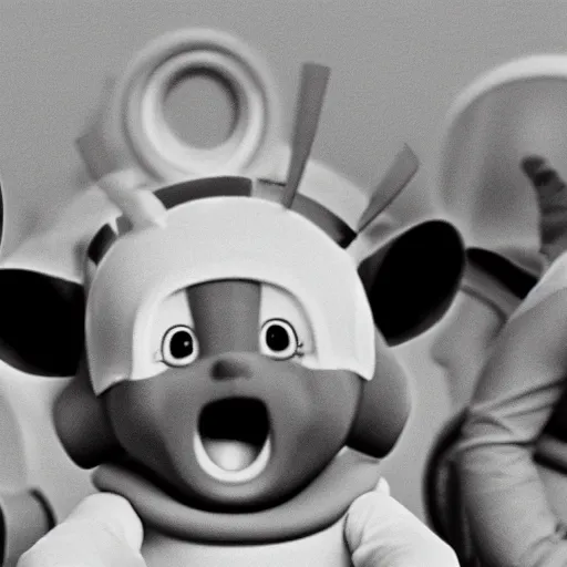 Prompt: black and white distorted Teletubbies with wide open human realistic eyes, highly detailed, sharp focus, octane render