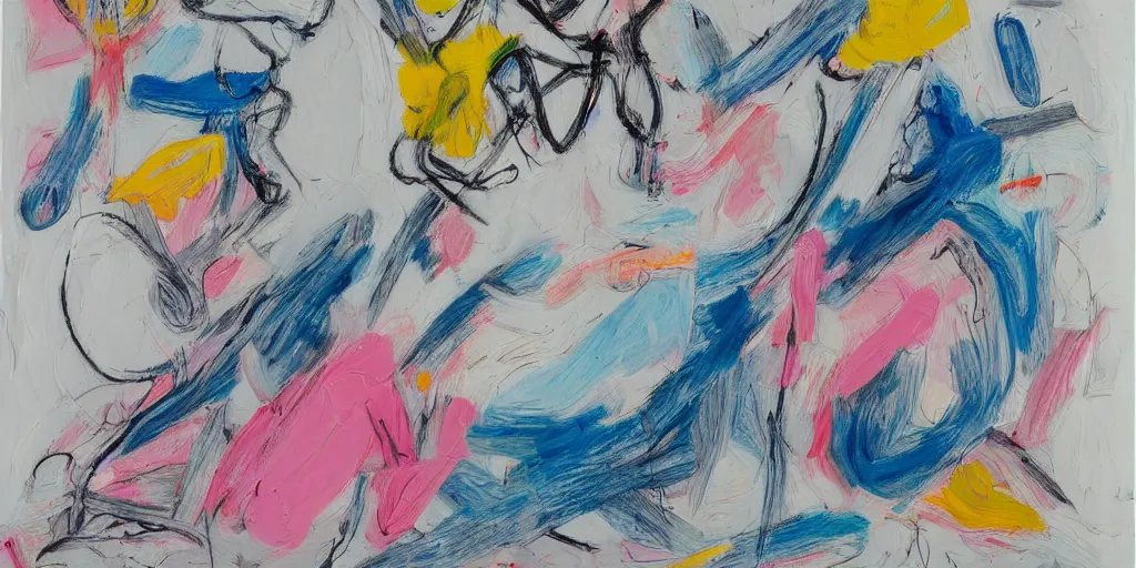 Prompt: iteration 1 painting de kooning thin scribble on white canvas, blue and pink shift, martha jungwirth sketch, drawn by yves tanguy, oil on canvas, thick impasto
