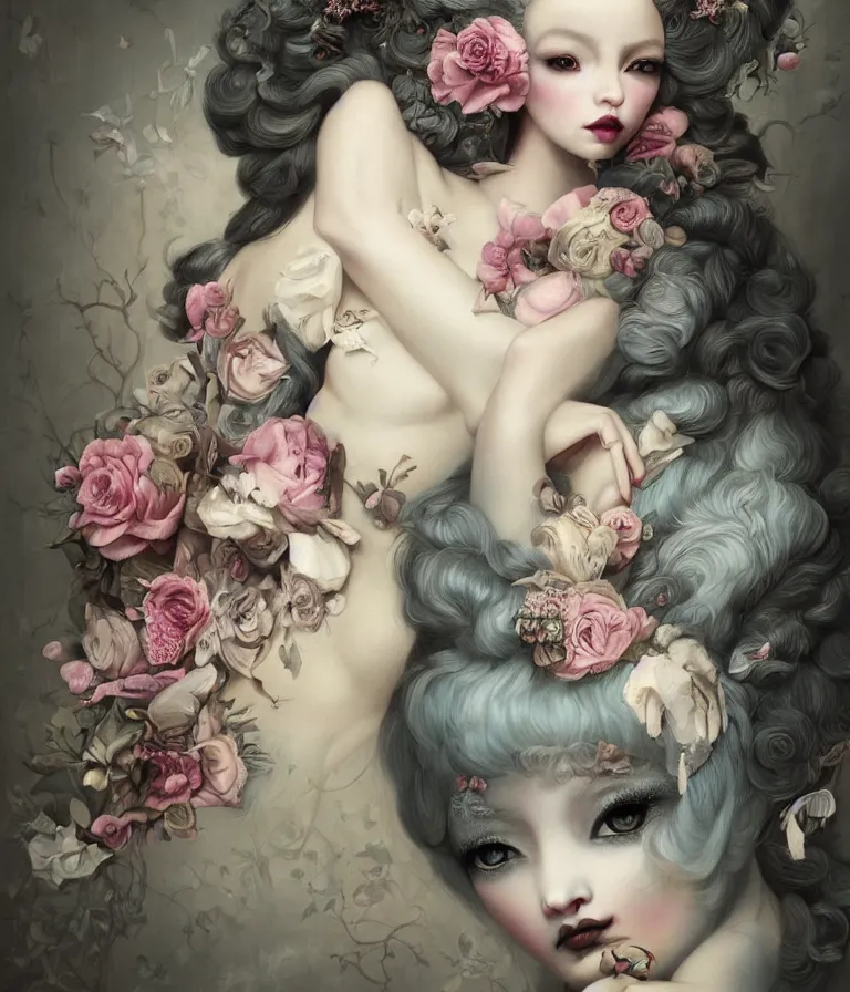 Image similar to pop surrealism, lowbrow art, realistic marie antoinette girl painting, japanese street fashion, hyper realism, muted colours, rococo, natalie shau, loreta lux, tom bagshaw, mark ryden, trevor brown style