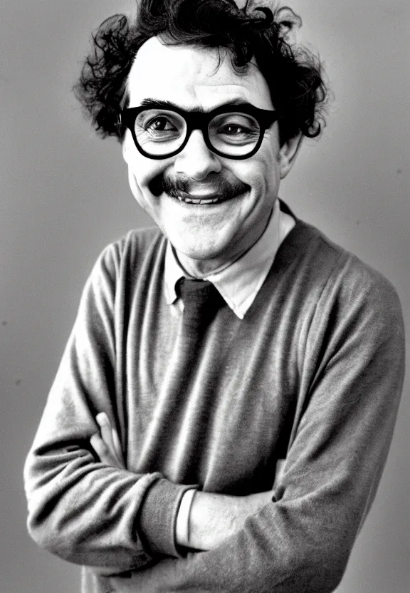 Prompt: a man with glasses and dark short curly hair, smiling, style of maurice sendak