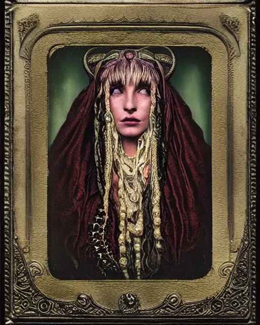 Image similar to daguerreotype hyperrealistic detailed face side portrait of the beautiful cthulhu priestess adorned with curse jewels and ceremonial robes, tintype art by ernst haeckel, john william godward, android jones, alphonso mucha, h. r. giger, gothic - cyberpunk, ornamental, beautiful deep colours, ambrotype