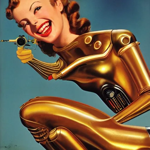 Image similar to a reclining c3po with a smiling female human face by Gil Elvgren, holding a smoking ray-gun, full body