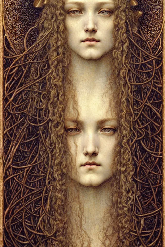 Image similar to detailed realistic beautiful young medieval queen face portrait by jean delville, gustave dore and marco mazzoni, art nouveau, symbolist, visionary, gothic, pre - raphaelite. horizontal symmetry