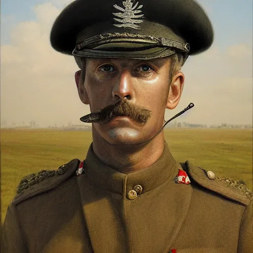 Image similar to a detailed photorealistic portrait painting of a 1 9 1 7 worried - looking british officer in field gear from the arab bureau, ultra realistic, intricate details, atmospheric, dark, brooding, highly detailed, by clyde caldwell