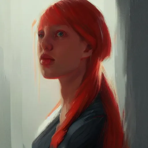 Image similar to Portrait of a woman by Greg Rutkowski, she is about 20 years old, redhead, long straight hair, beautiful oval face, wearing red and black utilitarian jumpsuit, older sister vibes, highly detailed portrait, digital painting, artstation, concept art, smooth, sharp foccus ilustration, Artstation HQ.