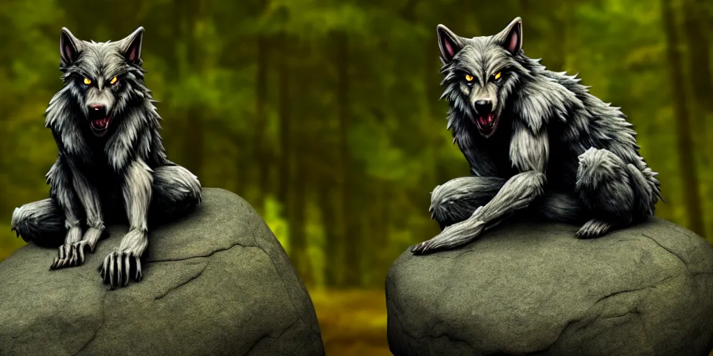 Image similar to A werewolf sitting on a rock, woodland creek, realistic, yellowish full moon