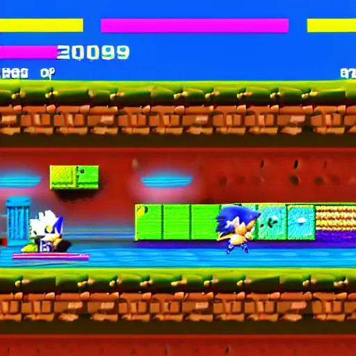 Prompt: sonic the hedgehog in jazz jackrabbit 2, in-game screenshot