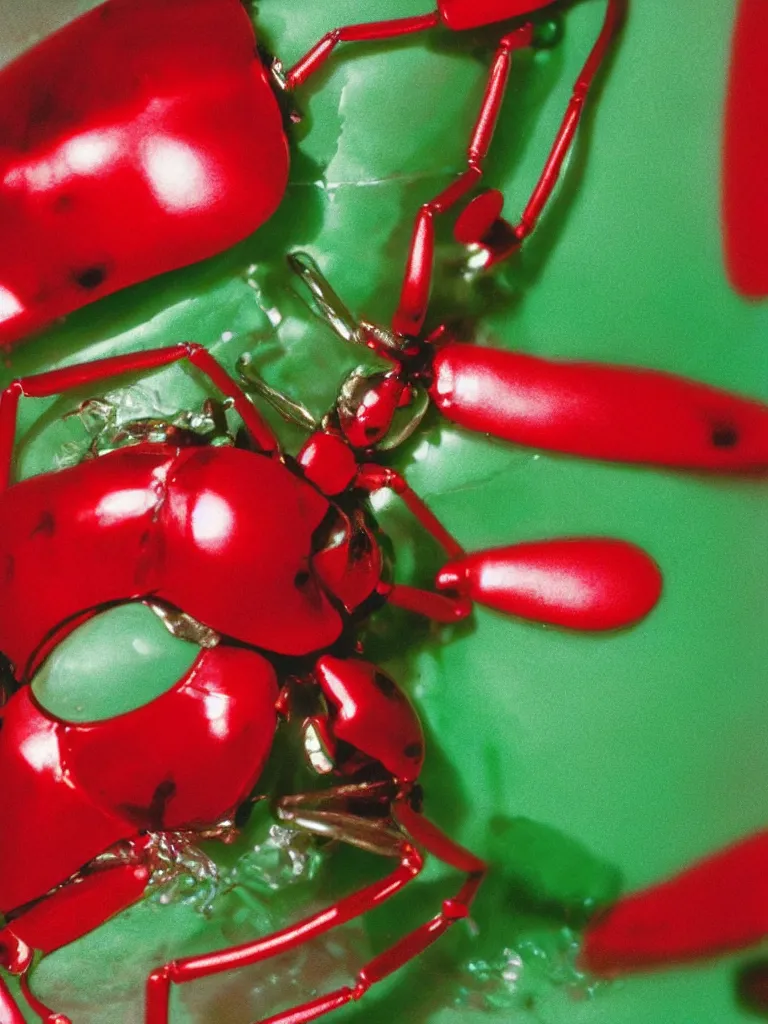 Prompt: subsurface scattering. studio photography by slim aarons, by zhang kechun, by lynda benglis. close - up shot of a beautiful red white and light green beetle. insect eyes. complementary color scheme. high quality highly detailed award winning photograph by national geographic. soft volumetric light, smooth gradient.