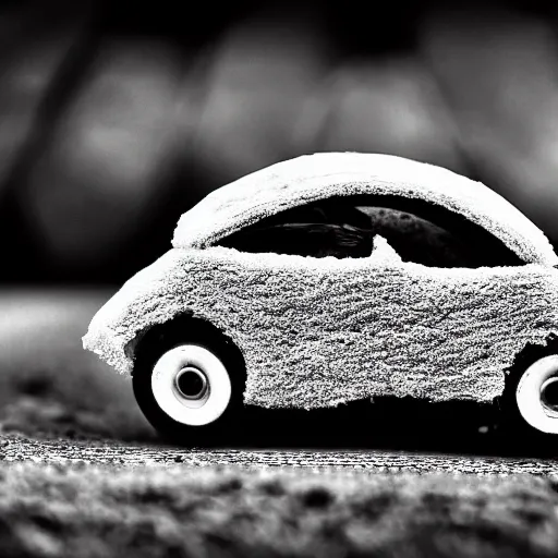 Prompt: car in bread, photograph, 4 k black and white photograph