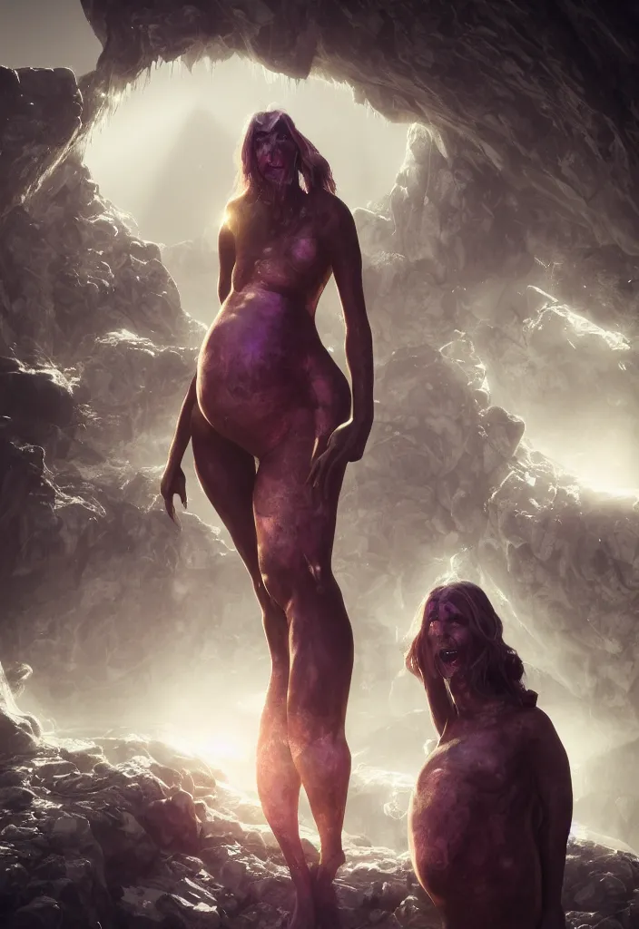 Prompt: epic leader pregnant woman talking to all her tribe with futuristic fluorescence mutant veins, proud people looking at the pregnant woman, ice cave, facinating, fantasy digital art, octane render, beautiful composition, trending on artstation, coherent, masterpiece, photorealistic