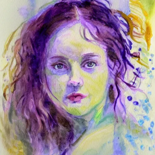 Image similar to molly sanden, watercolor, in the style of claude monet, beautiful face, award winning, hd, 4 k, purple, blue