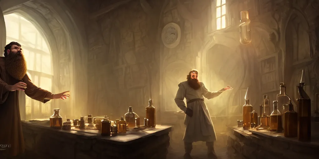 Image similar to a handsome bearded caucasian male sorcerer with brown hair, he is in a alchemist lab filled with beakers and equipment, he is casting a spell from a open book with magic filling the room, neutral pose, epic composition, 4 k, light rays, super coherent, by dave melvin, dan luvisi and greg rutkowski