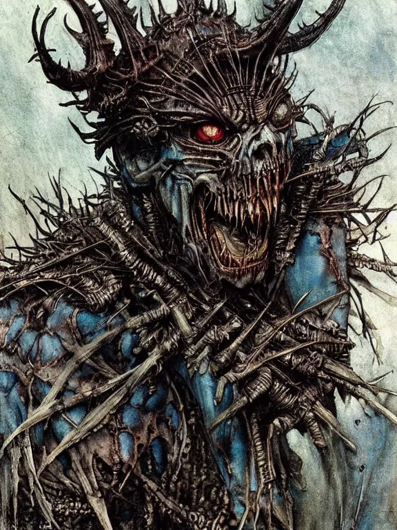 Prompt: a creepy armored horned fanged demon ghost with blue scarred skin wrapped in barbed wire. extremely high detail, realistic, fantasy art, solo, bones, masterpiece, saturated colors, tangled, ripped flesh, art by arthur rackham, dariusz zawadzki