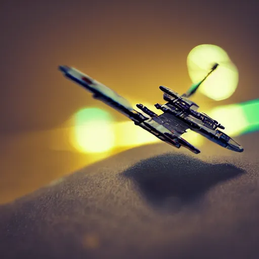 Image similar to luke skywalker, X wing starfighter, bokeh, macro photography