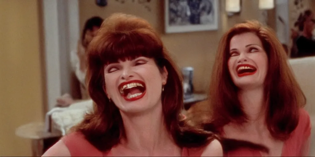 Image similar to still frame of Geena Davis in Pulp Fiction laughing hysterically over a joke