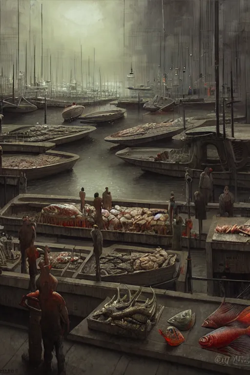 Image similar to fish market by greg rutkowski, giger, maxim verehin, zdzisław beksinski