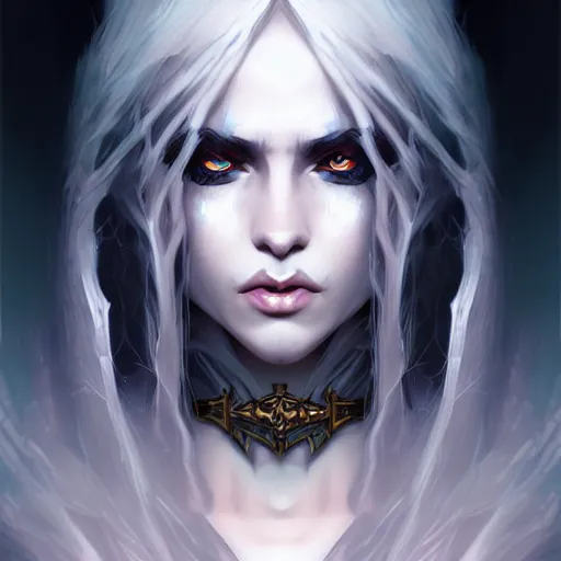 Prompt: dark sorceress full view, symmetrical face, highly detailed, wlop style, artstation, concept art, soft light, sharp focus, illustration, character design