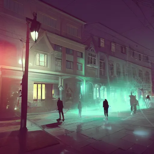 Image similar to ghost under a sheet, floating over a city sidewalk, city night lights, spooky Halloween fun, trending on artstation, 8k, 4k, volumetric lighting, unity