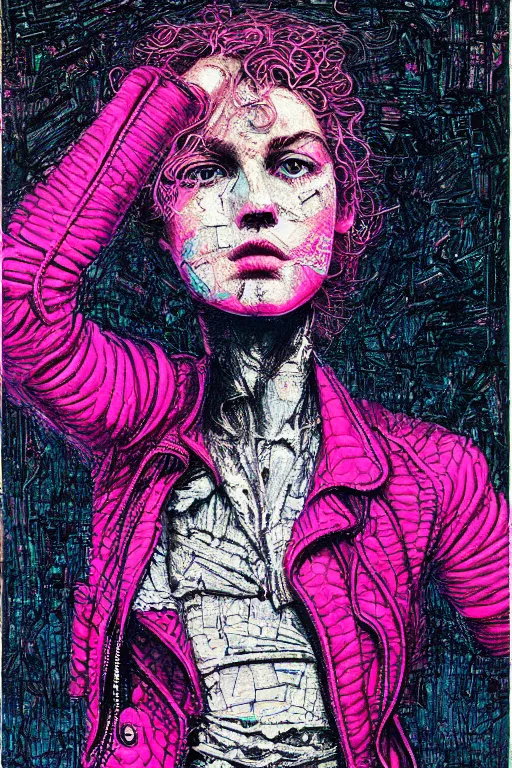 Prompt: dreamy rock girl, pink leather outfit, detailed acrylic, grunge, intricate complexity, by dan mumford and by alberto giacometti, peter lindbergh, malevich, william stout