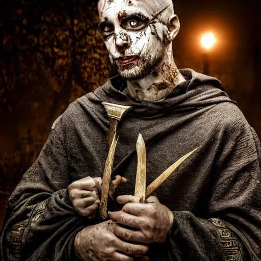 Prompt: head and shoulders photo portrait of a male medieval villager zombie in a nighttime medieval graveyard, d & d