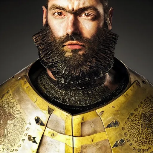 Prompt: Closeup of frustrated male medieval sergeant with a {short} beard wearing a {black!!!! and yellow tabard} over a steel breastplate and a black gambeson looking up from a map on a table, intricate, dramatic lighting illustration by Greg Rutkowski, {perfect face}, {perfect eyes}, fantasy