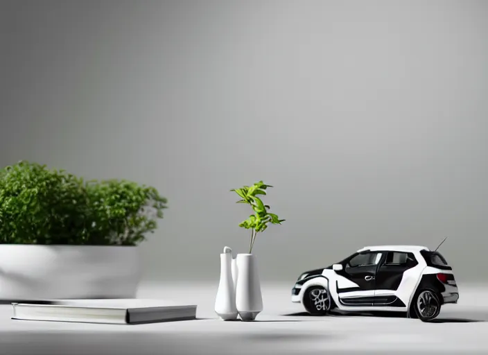 Prompt: a small miniature of a Renault Clio on a white table near a book and a vase with a plant, 3d render, octane render, unreal engine 5, path tracing, serene landscape, calm, relaxing, beautiful landscape, highly detailed, high quality, 4k, symmetrical, low contrast