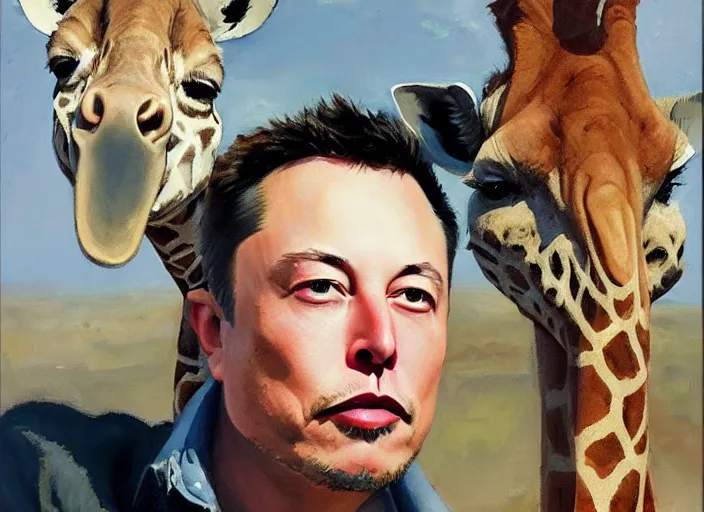 Image similar to a highly detailed beautiful portrait of elon musk with a giraffe, by gregory manchess, james gurney, james jean