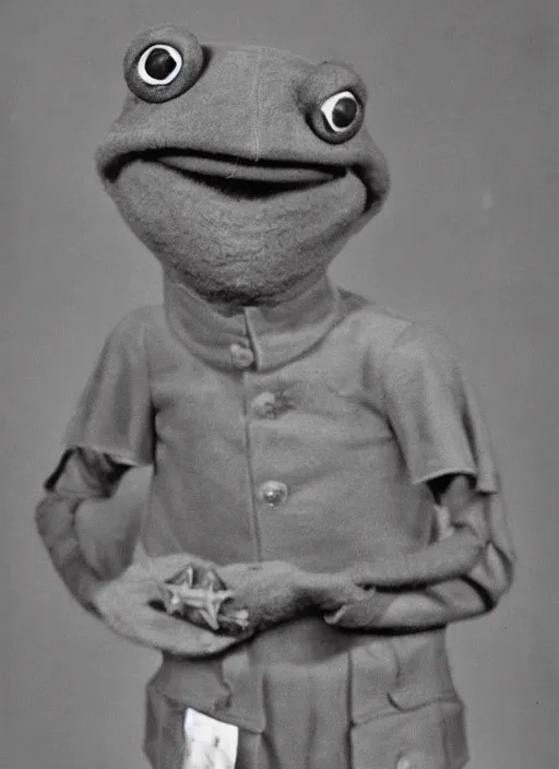 Image similar to grainy 1940’s WWII military portrait of an anthropomorphic frog muppet dressed like a soldier, professional portrait HD, frog, frog head, authentic, Kermit, muppet