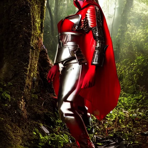 Image similar to a young female soldier wearing blood-spattered glossy sleek white dinged scuffed armor and a long torn red cape, standing in a rainy jungle, heroic posture, determined expression, elegant, battle weary, no helmet, dramatic lighting, cinematic, sci-fi, hyperrealistic, detailed