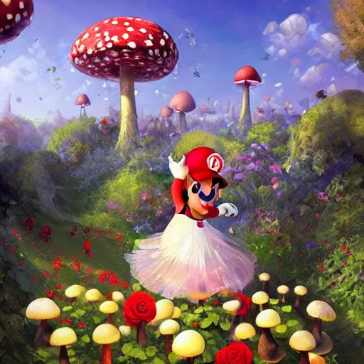 Prompt: portrait of Mario, running up a hill of exotic flowers in the Mushroom Kingdom, giant red and white spotted mushrooms, and roses, from behind, Castle in distance, birds in the sky, sunlight and rays of light shining through trees, beautiful, solarpunk!!!, highly detailed, digital painting by Michael Garmash and Peter Mohrbacher