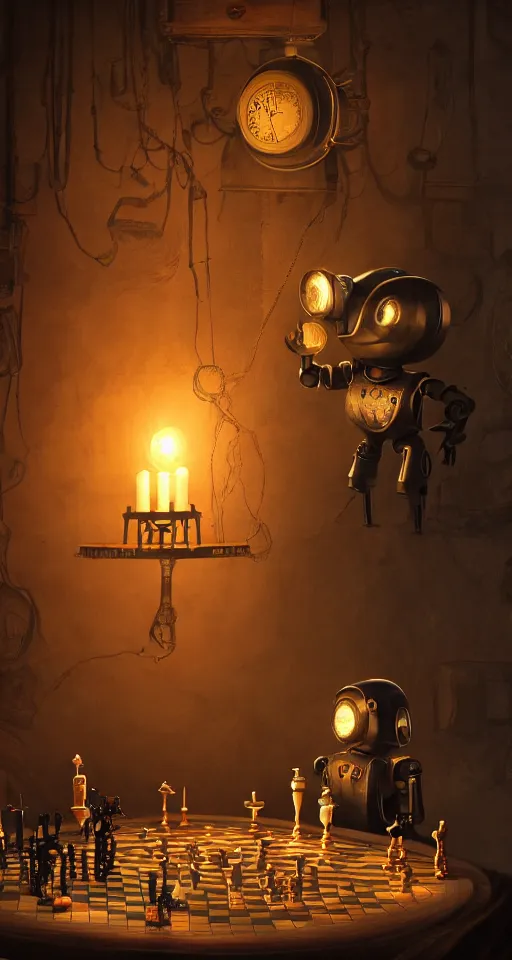 Image similar to a beautiful tapestry, a small robot playing 3 d chess, ultra detailed, subtle atmospheric lighting, shadows, night, steampunk, moody, candles, moonlight, characters from machinarium, by don bluth, trending on artstation, octane render, 8 k, ultra realistic