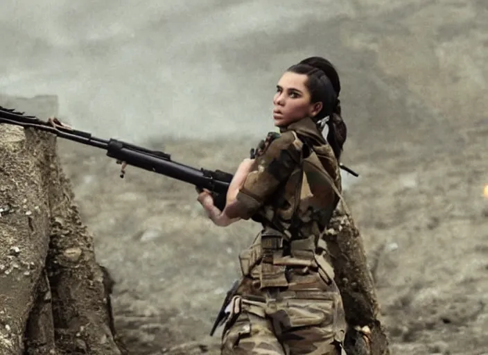 Image similar to a film still of kim kardashian as a soldier firing a rifle over a dirty trench with her bust lightly exposed. backround : warfield