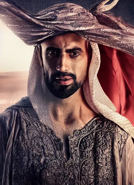 Prompt: portrait of sheikh ruler of dubai, djinn, landscape, swamp, marsh lands, cinematic lighting, studio quality, godly, comic book, 4 k, active, scenic, fury, fiery, dramatic entry