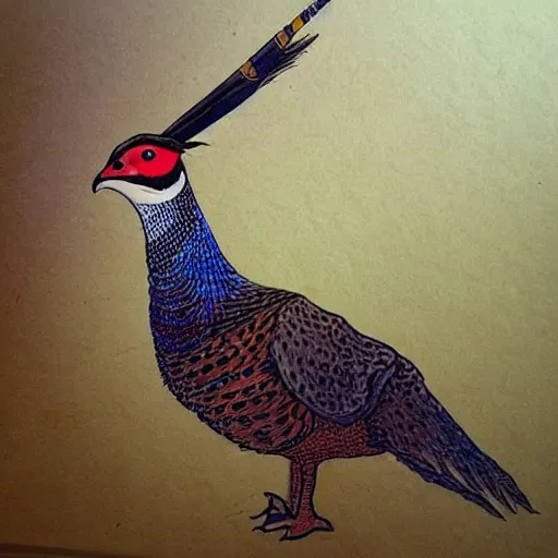 Prompt: pheasant holding a sword, by lily seika jones Instagram, rivuletpaper art,