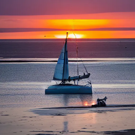 Prompt: sailboat stuck on sandbar at low tide, sunset, star wars ewoks helping to push it in water, ewoks