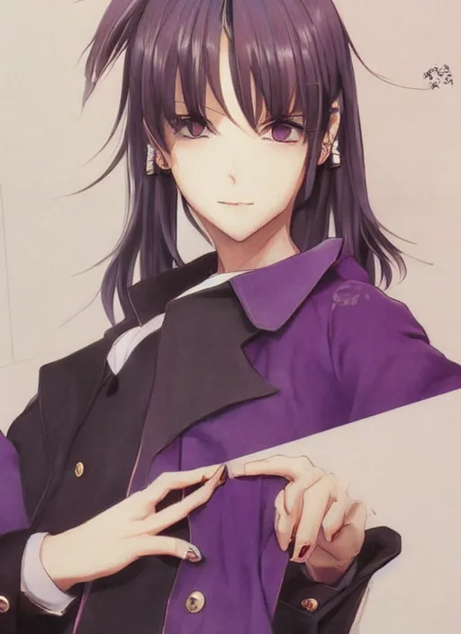 Prompt: luxury advertisement, medium close-up of a manga girl with a purple trenchcoat by krenz cushart, Sasoura, Satchely and Akihiko Yoshida, black medium length Dutch bob cut hair with straight bangs, poster