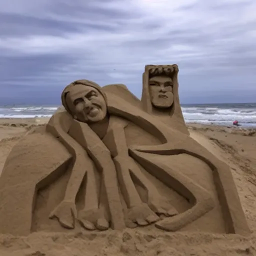 Image similar to a sand sculpture of jair messias bolsonaro on the beach